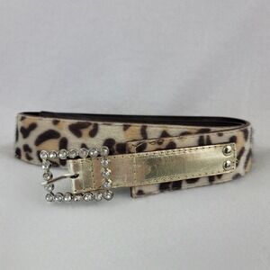 Vintage Womens Leopard Calf Hair Belt Gold Rhinestone Buckle Small Animal Print